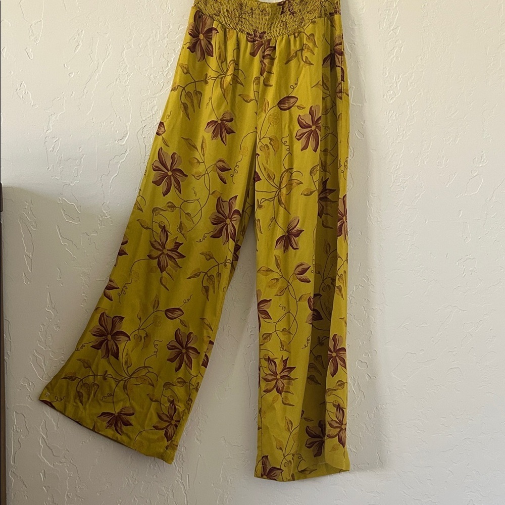 Sundance Mustard Yellow Smocked Top pants -  Maroon Floral Accents NWOT.   CG